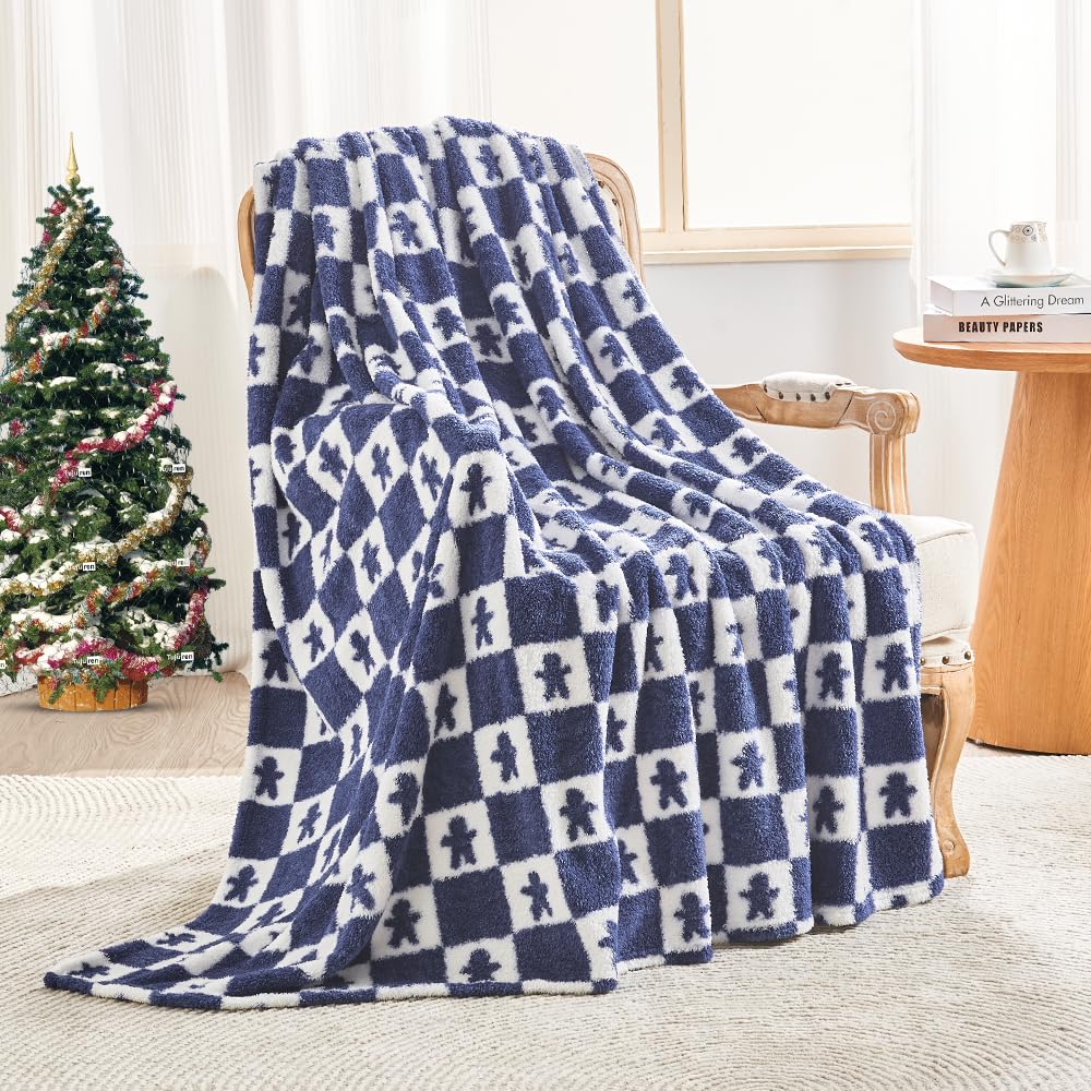 Checkered Knit Throw Blanket (Blue)