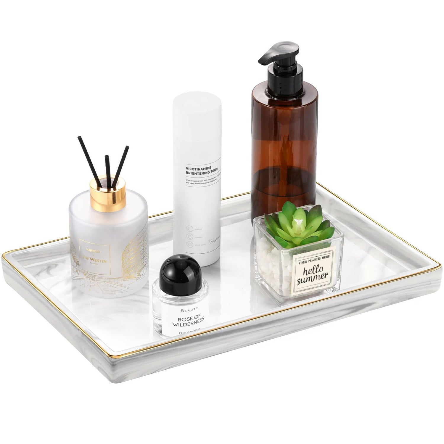 Marble-Texture Ceramic Vanity Tray with Gold Rim MJ STORE