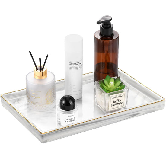 Marble-Texture Ceramic Vanity Tray with Gold Rim MJ STORE