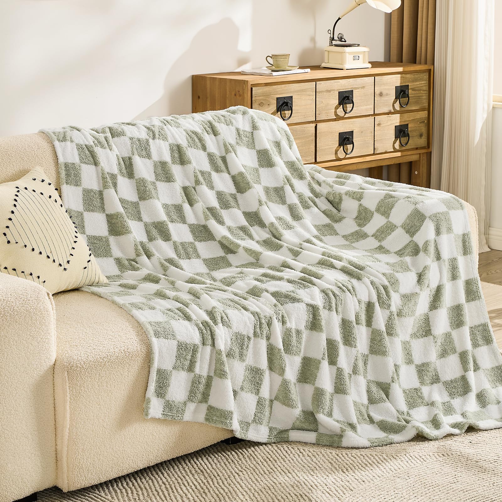 Checkered Knit Throw Blanket (Green)