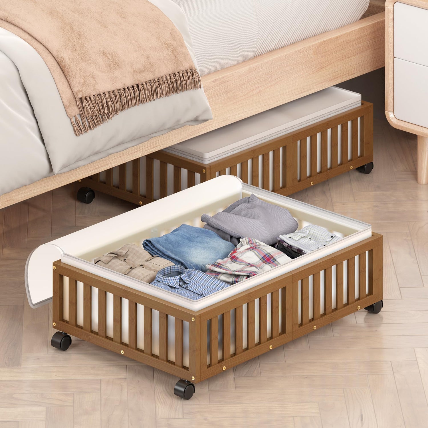 Bamboo Under-Bed Rolling Storage Container with Dustproof Bag MJ STORE